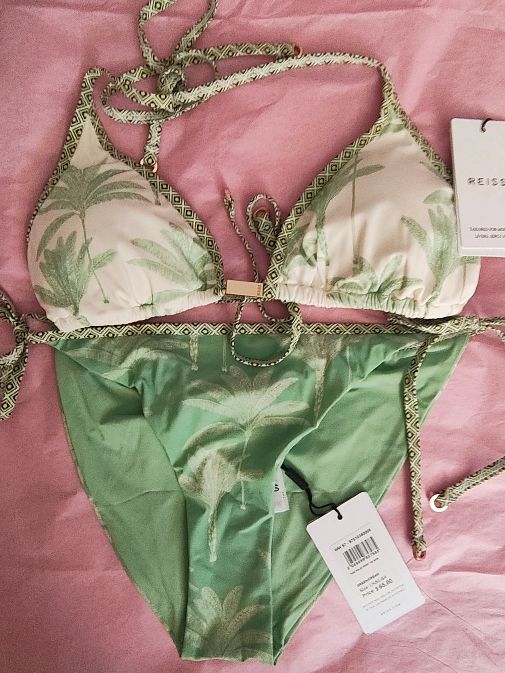 Reiss Palm-Print Triangle Bikini Set in Green Size 4/6 Nwt